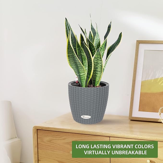 Dexceder 9x8 Inches Rattan Self Watering Planter Indoor Outdoor, Inner Pot Design, Thickened Table Flower Plant Pot with Water Level Indicator (Deep Gray)