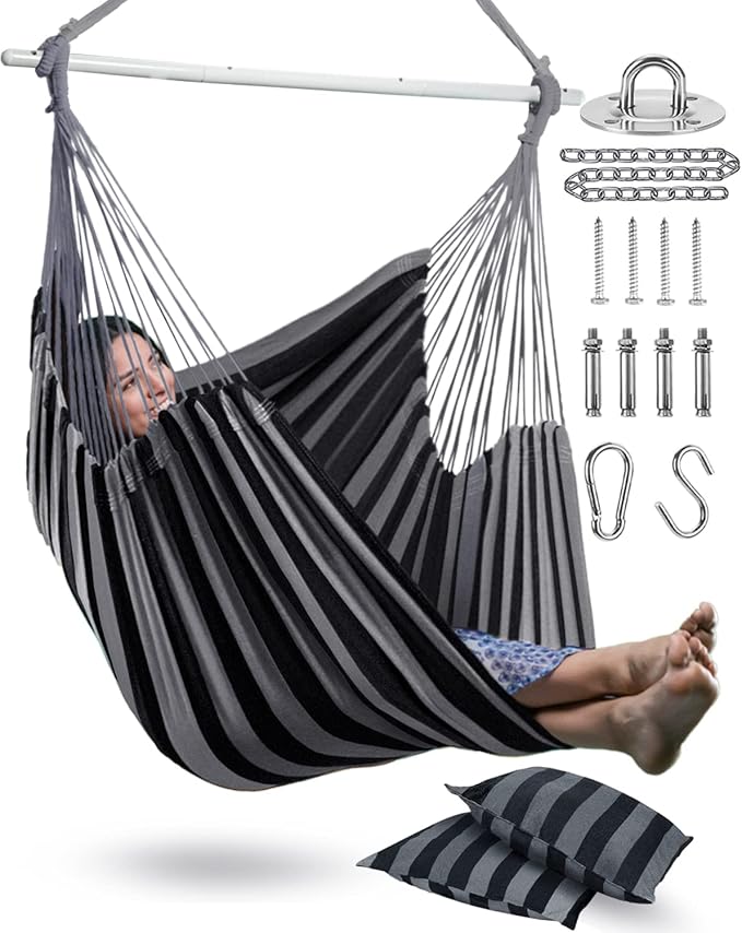 XXL Hammock Chair Hanging Rope Swing with 2 Cushions - Max 500lbs-Perfect for Patio, Porch, Bedroom, Backyard, Indoor or Outdoor - Includes Hanging Hardware Kits