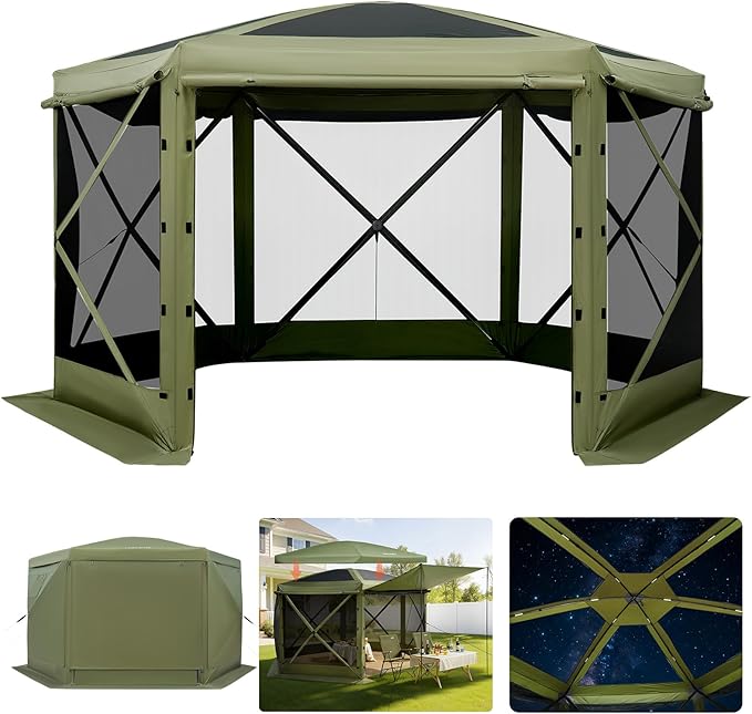 VEVOR Pop up Gazebo Screen Tent, 12 x 12 ft Large 6-Sided Camping Canopy Tent with Removable Top & Carry Bag, Quick-Set & Bite-Proof, Screen House Sun Shelter for 8-10 Persons Backyard Patio, Green