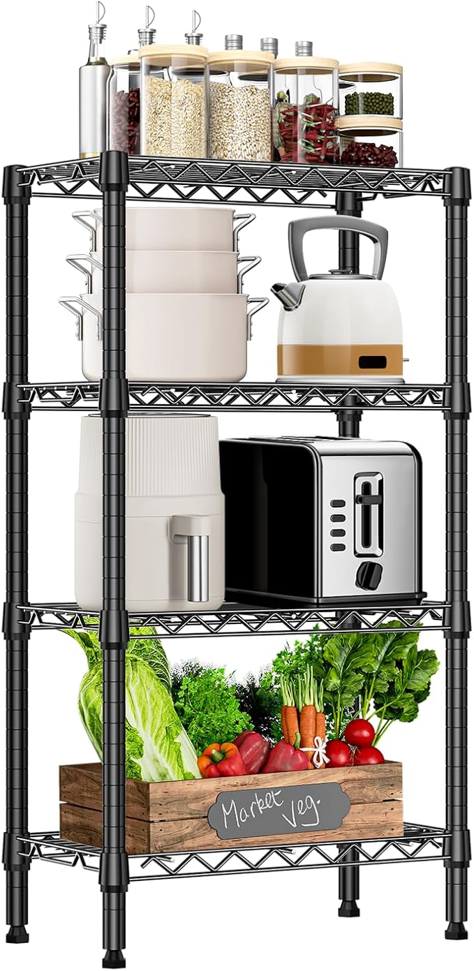 1000 lbs 4 Tier Shelf Metal Storage Shelves Wire Rack Closet Organizers with PP Board for Garage Kitchen Bathroom Laundry Black 11.8" D x 21.7" W x 39.5" H
