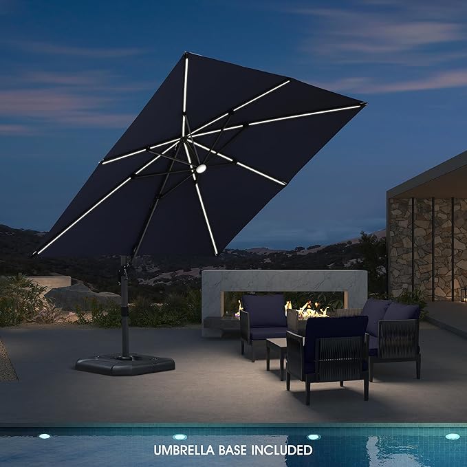 PURPLE LEAF 10 Feet Patio Umbrella with Base Outdoor Cantilever Solar Powered LED Square Umbrella Aluminum Offset Umbrella with 360-degree Rotation for Garden Deck Pool Patio Navy