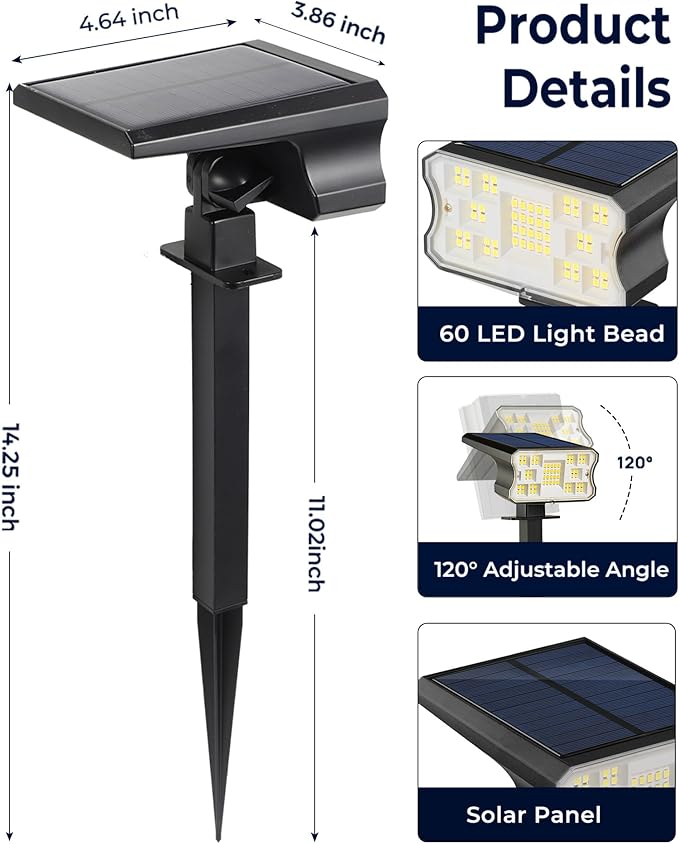 HGGH Solar Lights Outdoor Waterproof IP67, 60 LED 3 Lighting Modes Solar Spot Lights Outdoor for Yard Garden Pathway Landscape, Auto On/Off, Function 2 in 1(Cool White, 4 Pack)