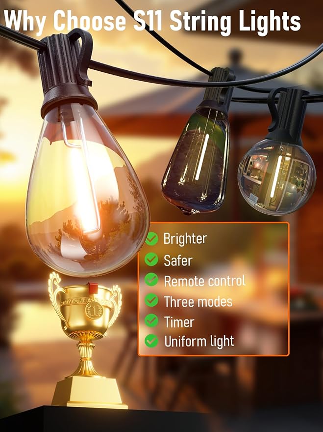 luckystyle 50FT LED Outdoor String Lights with Remote,16+1 Shatterproof Bulbs Waterproof and Dimmable Patio Lights for Porch, Garden, Backyard, Deck, Balcony, 2200K, Hanging Lighting