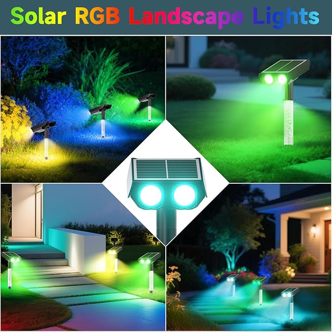 RGB Solar Spot Lights : 2 IN 1 Solar Lights Outdoor with 8 Lighting Modes & PC Light Guide Column for Tree Garden Yard Pathway | RGB Color Changing Landscape Lights | IP65 Waterproof | 12 Pack