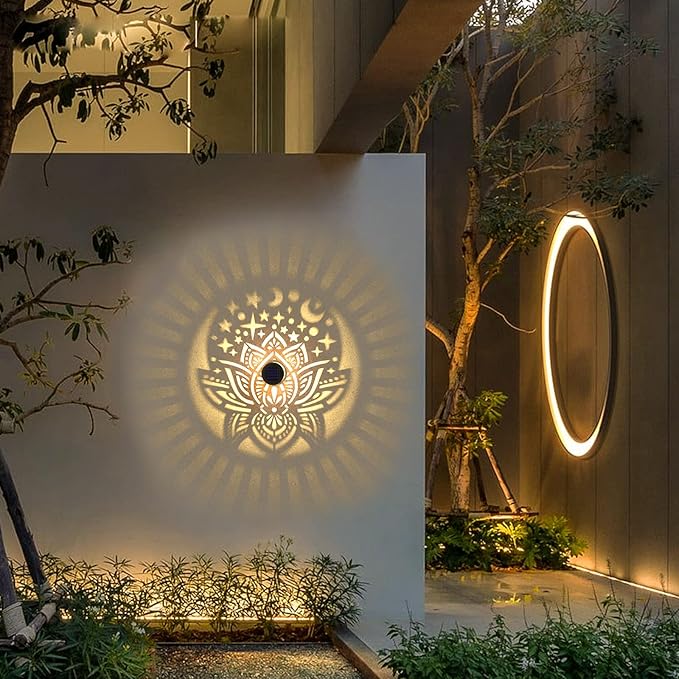 2 Pack Solar Fence Lights Metal Solar Powered Outdoor Wall Deck Lights Lotus Theme Waterproof Fence Light for Garden Post Patio Backyard Yard Decor (Lotus, 2 Pack)