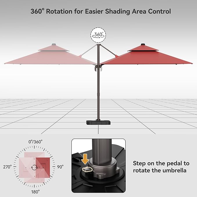 9x12FT Red Cantilever Outdoor Patio Umbrella with Base, Large Rectangular Offset Design, Double Top Heavy Duty Aluminum Frame & 360° Rotation for Pool Garden Deck Backyard