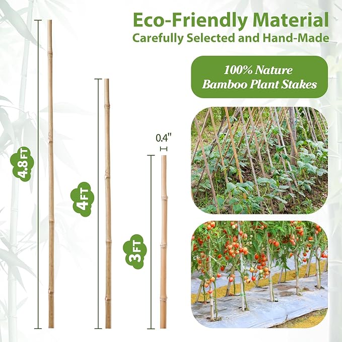 Plant Stakes, 4.8 FT Natural Bamboo Garden Stakes, 20Pcs Plant Stakes,Bamboo Sticks for Tomato,Beans,Vegetable and Climbing Plants