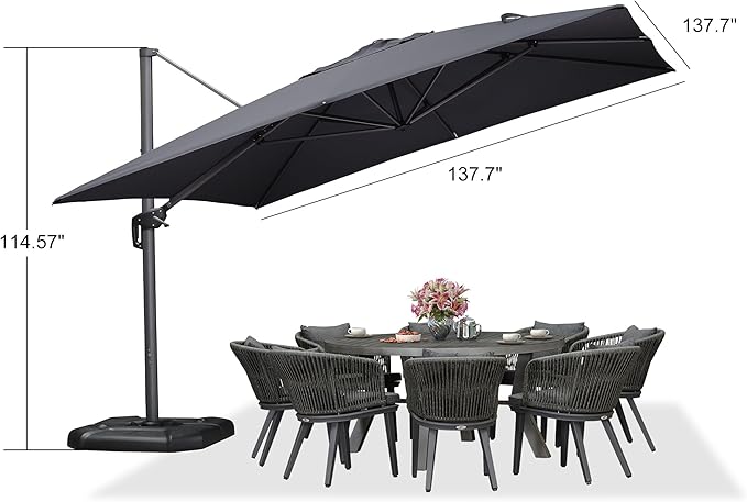 PURPLE LEAF 11.5' X 11.5' Telescopic Patio Umbrella Outdoor Cantilever Umbrella Square Up Down Lifting Offset Umbrella with 360-degree Rotation for Garden Deck Pool Patio Grey