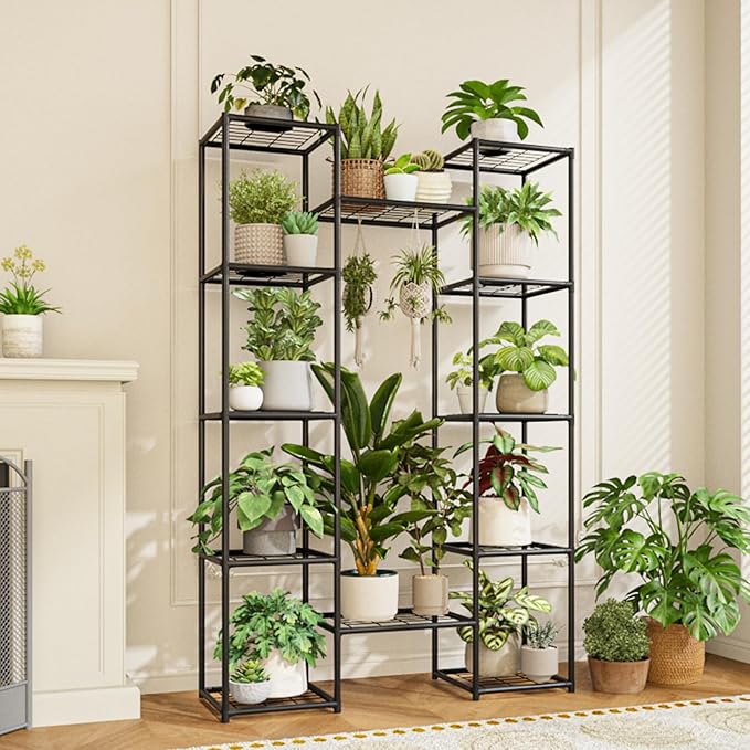 Metal Plant Stand Outdoor 62.2" Tall Plant Shelf for Plants 12 Pots Large Plant Sheves for Indoor Plants Living Room Heavy Duty Rack Garden Balcony Patio Hanging Planter