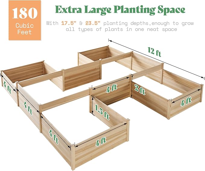 AMERLIFE Raised Garden Bed – 12x12x2 ft H-Shaped Wooden Planter Box, 180 Cu. Ft Capacity, Double-Layer Design for Outdoor Patio, Yard, and Garden Use