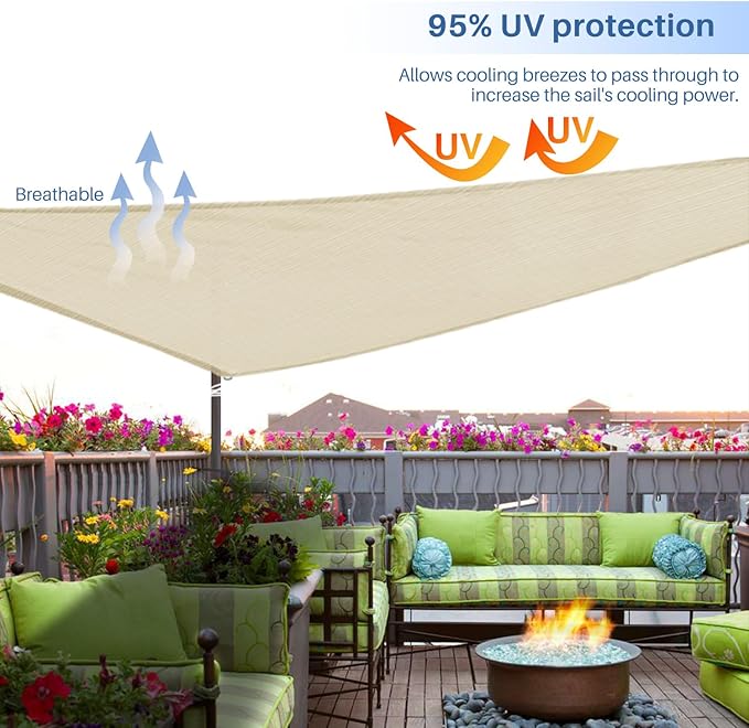 E&K Sunrise 10' x 10' x 10' Sun Shade Sail Triangle Canopy Shade Cover UV Block for Patio Backyard Garden Outdoor (Beige)