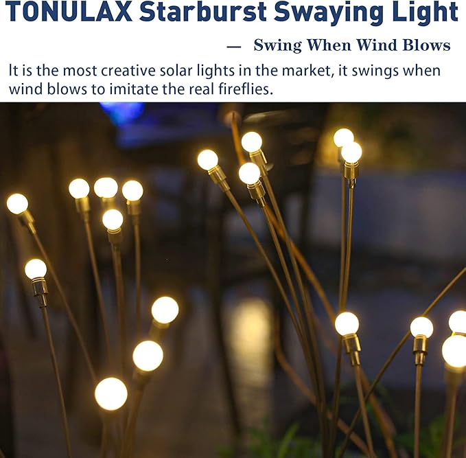 TONULAX Solar Garden Lights - Upgraded Solar Swaying Light, Sway by Wind, Outdoor Lights, Yard Patio Pathway Decoration, High Flexibility Iron Wire & Heavy Bulb Base, Warm White(6 Pack)