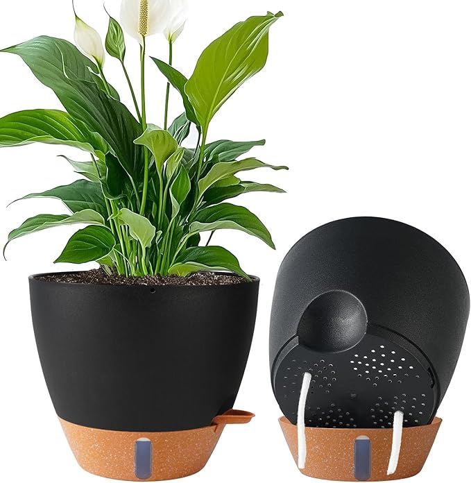 2 Pack 10 inch Plant Pots, Plastic Self Watering Planters with Drainage Holes, Deep Reservoir, Water Level Indicator, Modern Decorative Flower Pots for Indoor Outdoor Plants (Black, 10 inch)