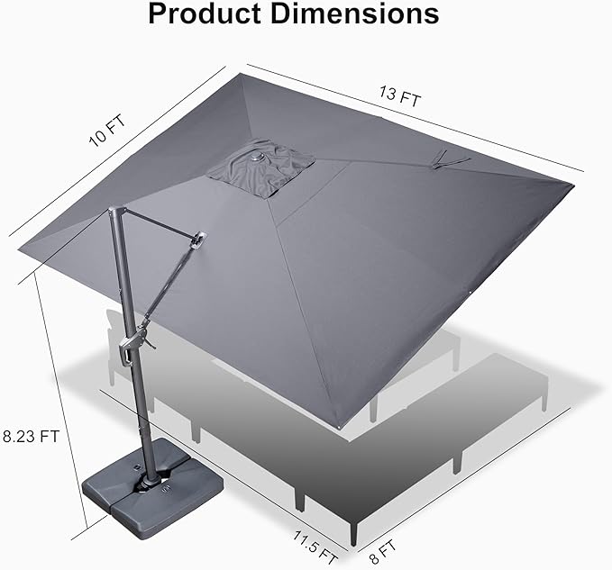 PURPLE LEAF 10' X 13' Rectangle Cantilever Umbrella with Base Outdoor Large Aluminum Patio Umbrella with 3-Year Fade Resistance Recycled Fabric and 360-degree Rotation for Deck Pool, Graphite Grey