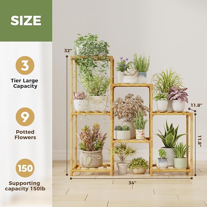 Bamworld Bamboo Plant Stand Indoor Boho Plant Shelf Tiered Plant Rack for Multiple Plants 3 Tiers 7 Pots Ladder Plant Holder Plant Table for Plant Pots Home Decor for Gardening Gifts Nature Color