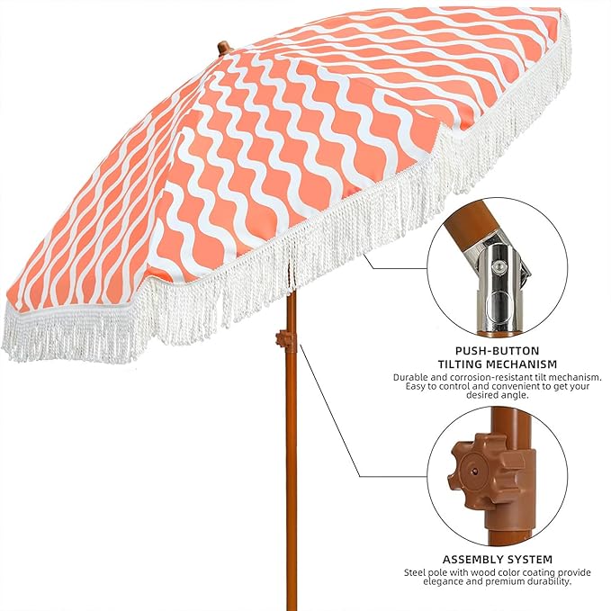 AMMSUN 7ft Patio Umbrella with Fringe Outdoor Tassel Umbrella UPF50+ Premium Steel Pole and Ribs Push Button Tilt, Wave Pink Champagne