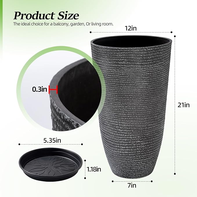 QCQHDU Large Tall Dark Gray Planters Set of 2-9 Gallon 12" Round Outdoor Planters for Front Door & Patio, Faux Stone Indoor Plant Pots with Tray, Porch Decor Plant Containers