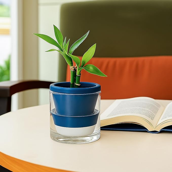 D'vine Dev 4 Inch Design Self Watering Planter for Indoor Plants, Blue Terracotta Pot with Cylinder Glass Cup, Set of 3, 37-Z-A-4-T