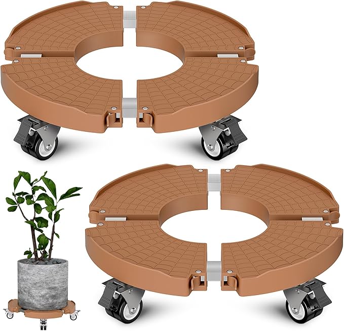 Goovilla Plant Stand with Wheels Heavy Duty, 2Pack Adjustable 15-22 Plant Caddy with Lockable Caster Wheels 440LBS, Rolling Plant Stand/Dolly/Roller for Indoor Outdoor Large Planter, Flower Pot,Khaki