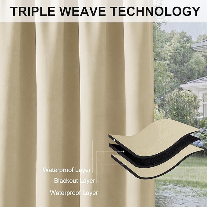 RYB HOME Extra Wide Outdoor Curtains for Patio Waterproof Heavy Duty Thermal Insulated in Summer Full Coverage Privacy for Porch, Gazebo & Pergola, W100 x L84, Biscotti Beige, 1 Panel