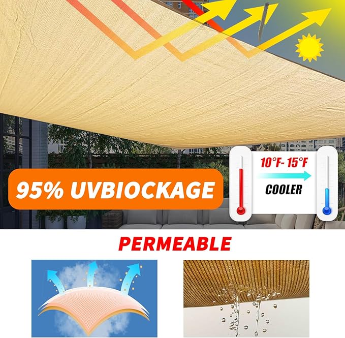 16'x20' Sun Shade Sail Curved Commercial Outdoor Shade Cover Turquoise Rectangle Heavy Duty Permeable 185GSM UV Block Sunshade for Backyard Yard Deck Patio Garden Outdoor Activities and Facility