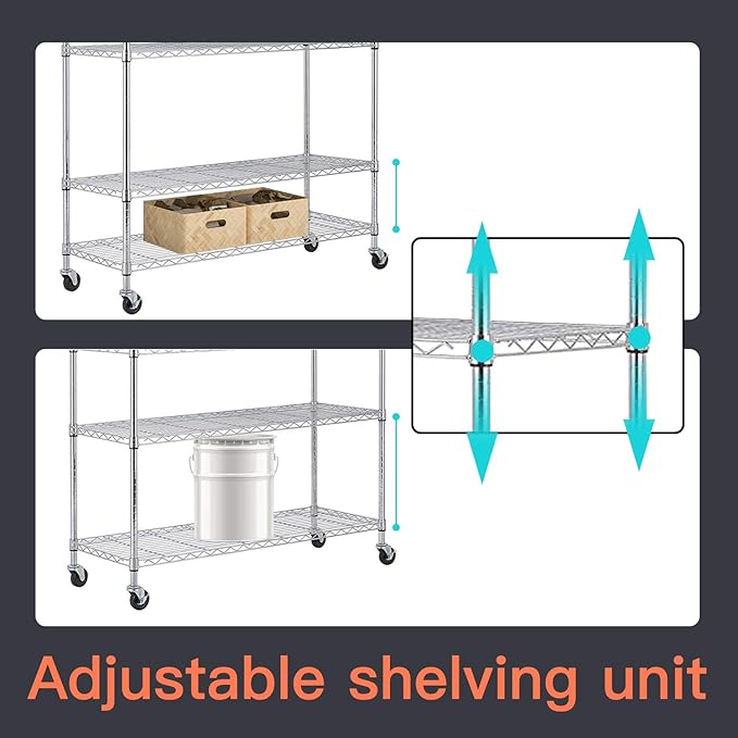 BestOffice | 6-Tier Wire Storage Shelves with Wheels | 18x48x82 | Chrome | Adjustable Racks | Heavy-Duty Metal Shelf, Holds Upto 510 lbs | No-Tool Assembly | Ideal for Home & Garage Shelving