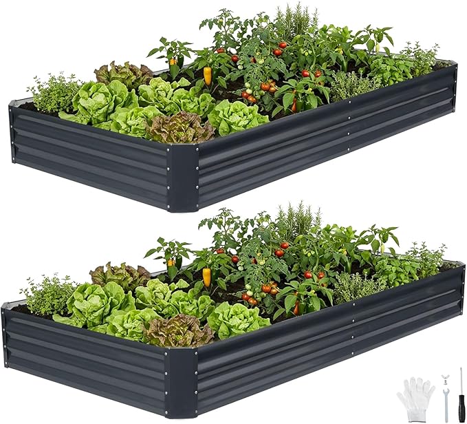 INNO STAGE 2 Pcs 8×4×1ft Galvanized Raised Garden Bed Kit, Galvanized Planter Raised Garden Boxes Outdoor, Large Metal Raised Garden Beds for Vegetables, Flowers, Herbs, and Succulents, Grey