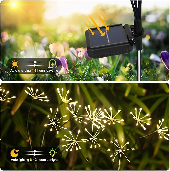 Solar Garden Lights 2 Pack Twinkling Solar Firework Lights with 2 Modes 120LED, Solar-Powered Light for Outside Yard Pathway Garden Decor Outdoor Waterproof, Gardening Gifts for Women Mothers Day,Warm