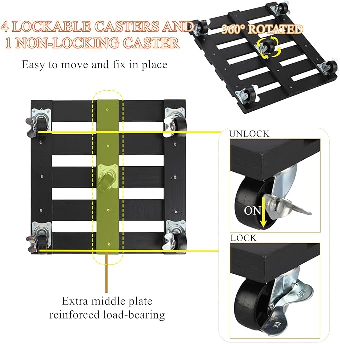2 Pack Plant Stand with Wheels, 14" Rolling Plant Stand 264 LBS Heavy Duty Wooden Square Plant Caddy with Metal 360° Lockable Caster Wheels for Outdoor Indoor Large Plant Pots, Flower Pot, Patio-Black