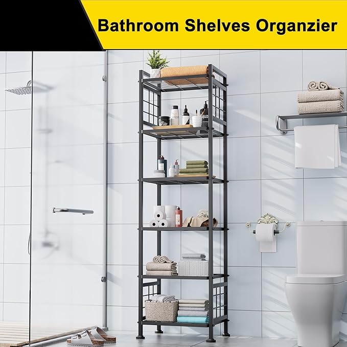 GIOTORENT 6-Wire Standing Storage Shelf for Bathroom Organizers and Storage & Laundry Room Organization, Metal Shelving Unit Pantry Rack for Kitchen & Bathroom, Black