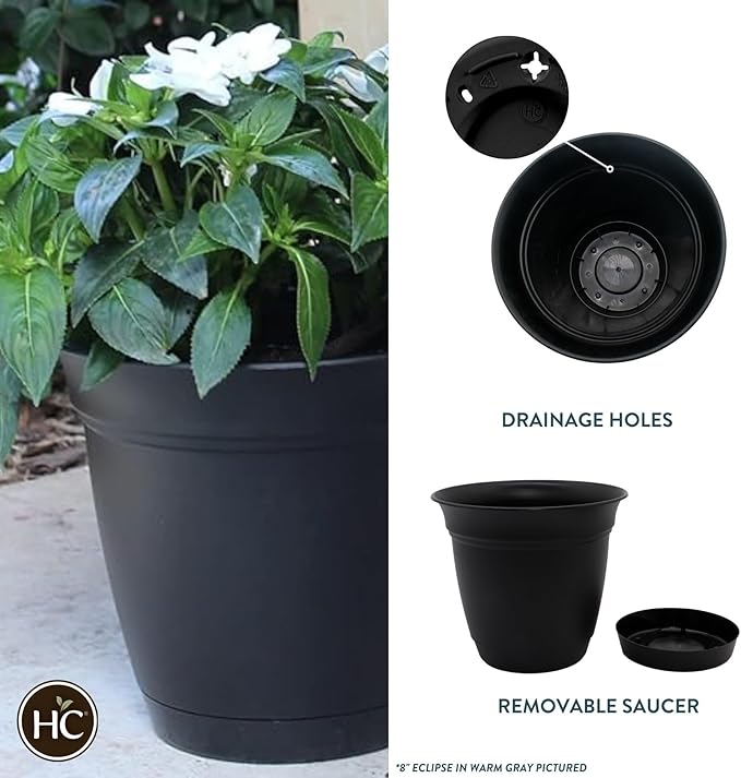 The HC Companies Eclipse Round Planter with Saucer - Outdoor & Indoor Plant Pot with Drainage Holes - Lightweight, UV-Resistant Plastic Pots for Plants, Flowers & Herbs (20" Black, Pack of 1)