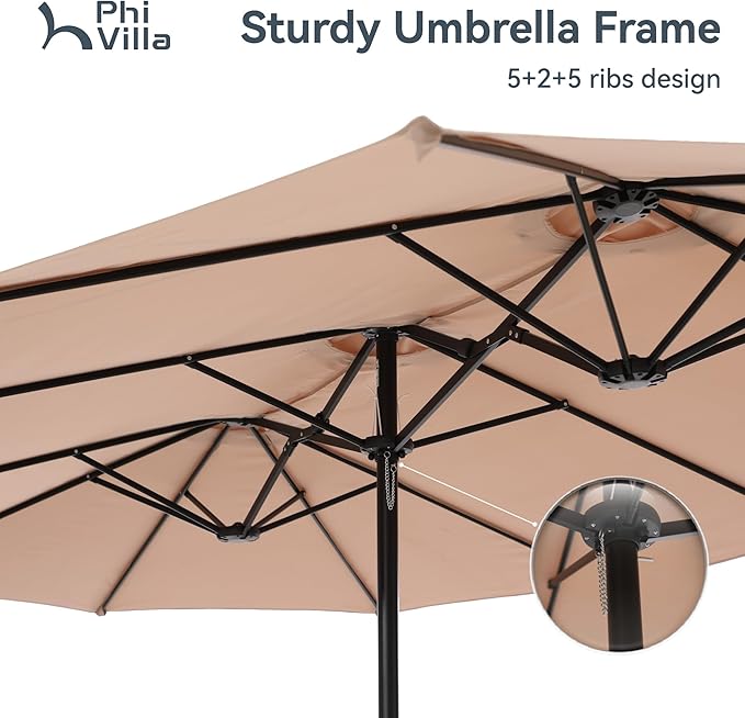 PHI VILLA 15ft Large Patio Umbrellas with Base Included, Outdoor Double-Sided Rectangle Big Market Umbrella with Stand, Outside Umbrellas for Poolside Lawn Backyard, Beige
