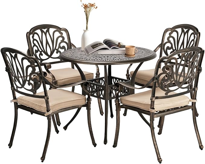 VINGLI 5-Piece Outdoor Patio Dining Set, Cast Aluminum All-Weather Outdoor Table and Chairs w/Cushion, Outdoor Furniture Set w/Umbrella Hole for Backyard Deck Poolside (Round, Elizabeth Back)
