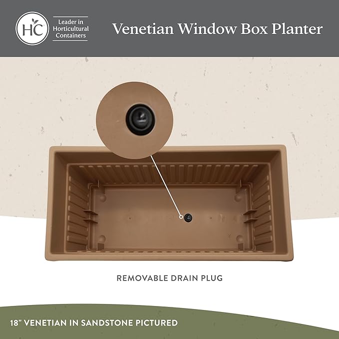 The HC Companies 17.5 Inch Venetian Rectangular Window Planter Box - Lightweight Plastic Indoor Outdoor Plant Pot with Drainage for Windowsill, Herbs, Flowers, Black