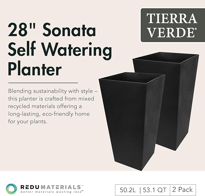 Tierra Verde 2-Pack Indoor & Outdoor Self-Watering Square Planters, Large, Sonata, Black - Planter Containers for Plants and Flowers - Gardening and Landscaping Accessories
