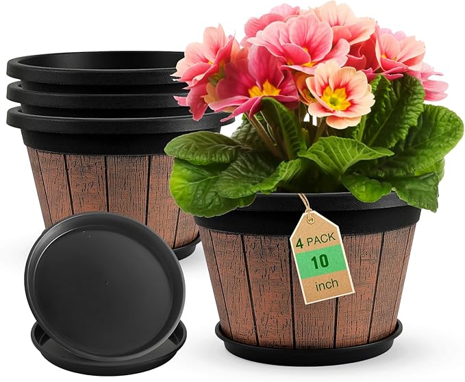 Quarut 4 Pack 10 inch Plant Pots,Upgrade Whiskey Barrel Planters with Drainage Holes & Saucer,Plastic Decoration Flower Pots Retro Design,Planters for Outdoor Indoor Garden Home Plants (Brown)