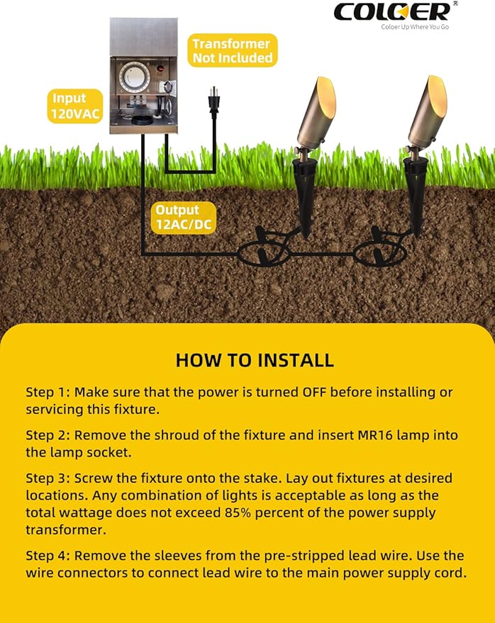 COLOER Brass Landscape Spotlights, 6 Pack Spotlight Fixture Outdoor with 5W Aluminum Housing MR16 LED Bulb 2700K 450LM,12V AC/DC Low Voltage Landscape Lighting,Uplight for Garden and Patio(103B)