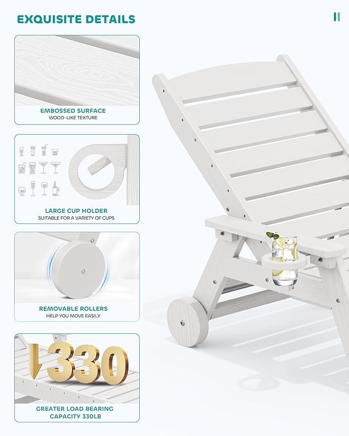 SERWALL Patio Chaise Lounge Chair, 78'' Long HDPE 5 Positions Adjustable Outdoor Lounger, Poly Lounge Chair with Rolling Wheels & Cup Holder for Pool, Light White