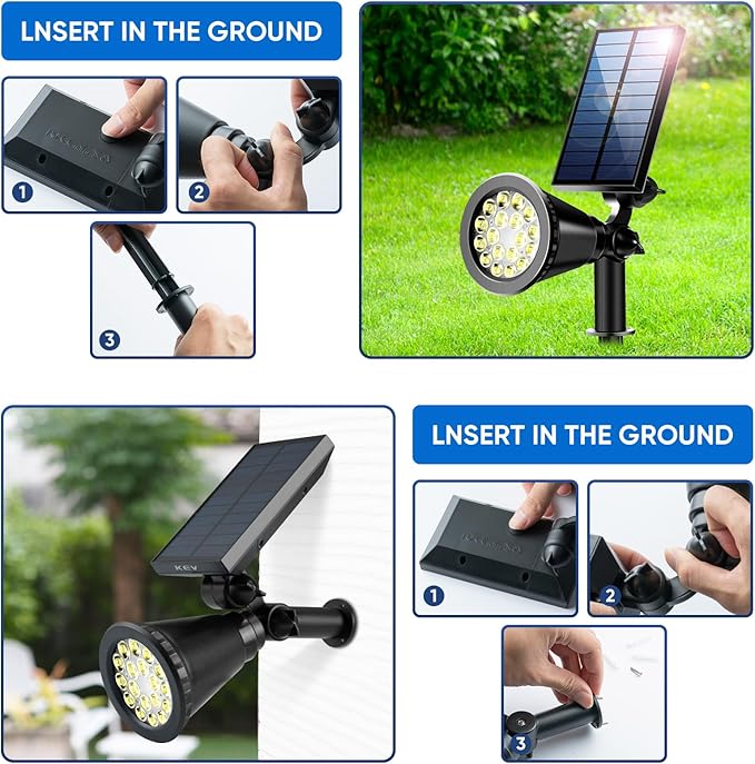 KEV 800 Lumens Solar Spot Lights Outdoor,18 LEDs Solar Flood Lights with 2 Modes &Adjustable &IPX65 Waterproof,Solar Spotlight for Driveway/Backyard/Patio Landscape/Tree/Garage(Warm White,2 Pack)