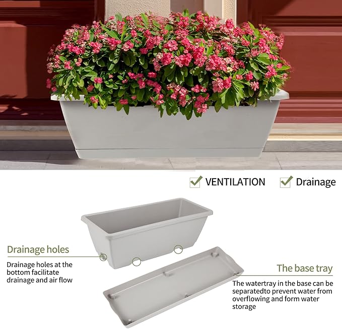 8pcs Window Box Planter, 17 Inches Flower Window Boxes, Rectangle Planters Box with Drainage Holes and Trays, Plastic Vegetable Planters for Windowsill Patio Garden Home Decor Porch Yard (Grey)