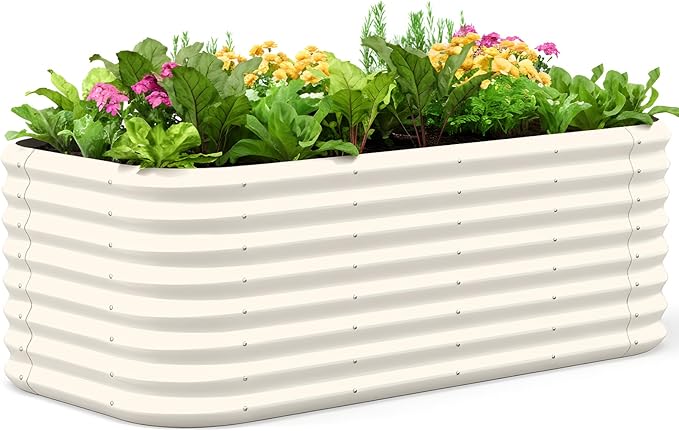 Quictent Galvanized Raised Garden Bed Kit, 6x3x2 ft Oval Metal Planter Box Tall for Vegetables Outdoor Backyard, Strengthened by Crossbar, Beige