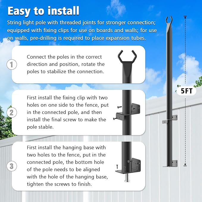 8Pack String Light Poles,5 Ft Light Poles for Outside String Lights,Outdoor Lights Pole with Fork,Metal Poles Stand for Patio Deck Backyard