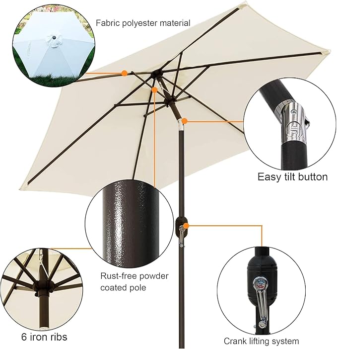 Blissun 7.5 ft Patio Umbrella, Yard Umbrella, Outdoor Market Umbrella with Push Button Tilt Crank (Creamy White)