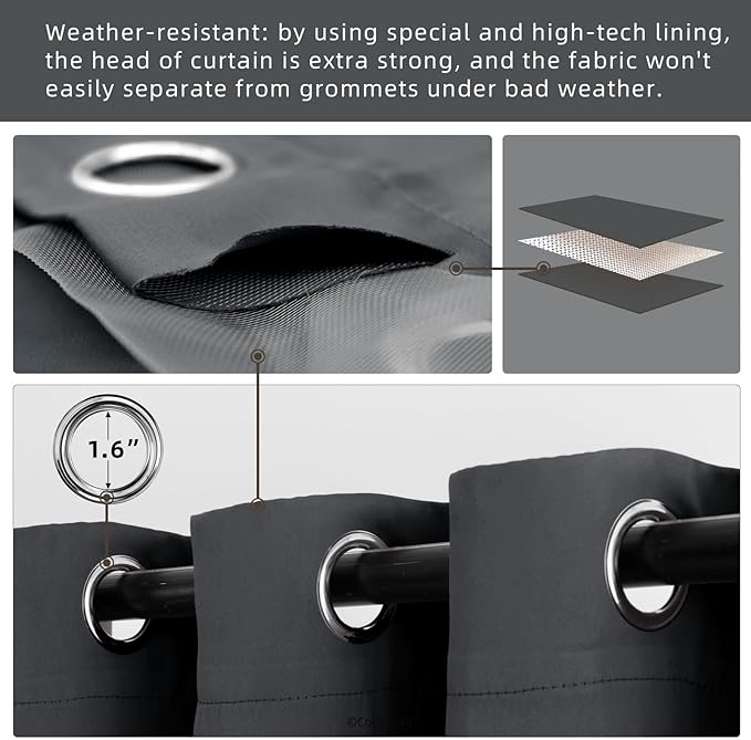 Waterproof Outdoor Curtain W52 x L63 - Grommet Top Sunlight Blocking Window Treatment Drapes Blackout Curtains for Home Bedroom Living Room Outdoor Patio Porch Pergola (Dark Gray, 2 Panels)