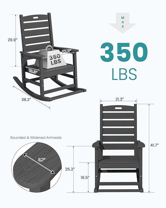 SERWALL Outdoor Rocking Chair, Oversized Rocking Chair with Footrest for Adults, HDPE All Weather Resistant Rocking Chairs for Patio, 350lbs Weight Capacity, Gray