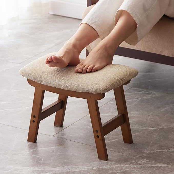 Foot Stool,Ottoman,Bamboo Small Sofa Foot Rest Under Desk,Extra Seating for Living Room, Bedroom and Kitchen(Brown Stool Legs - Beige Surface)