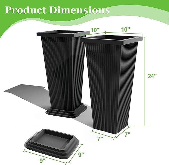 FENCY Set of 2 Tall Planters for Outdoor Plants, 24 Inch Large Tapered Pots with Drainage Trays, Weather-Resistant Plastic Plant Containers for Patio, Porch, Garden, Front Door Decor,Black,Striped