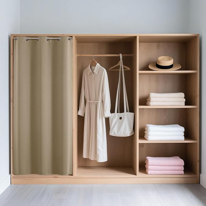 Joydeco Blackout Door Curtain for Doorway Privacy 90 Inches Long, Grommet Closet Curtain for Open Closet, Room Divider for Bedroom Living Room (Light Beige, 52Wx90L, 1 Panel)