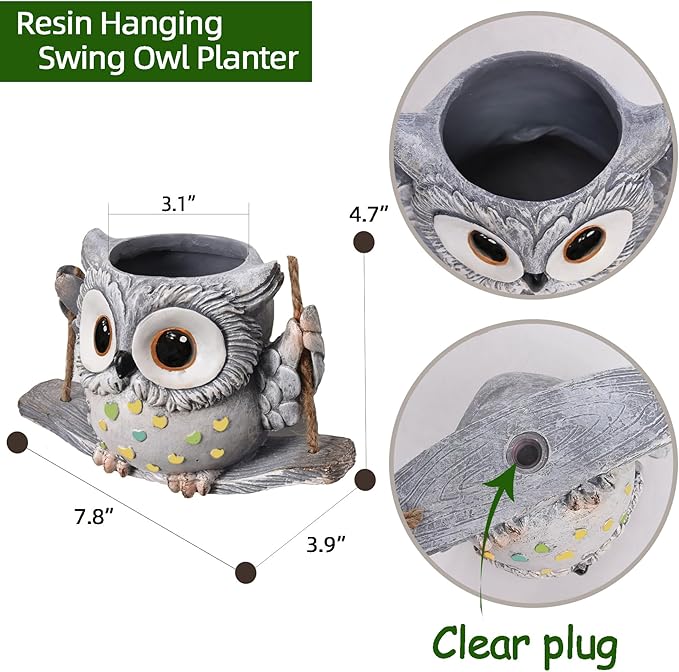 Swing Owl Hanging Planters for Indoor Plants, Cute Small Succulent Pots with Drainage Hole, Unique Resin Plant Hangers Outdoor, Hanging Plant Holder for String Of Pearls, Gift Ideas for Mother