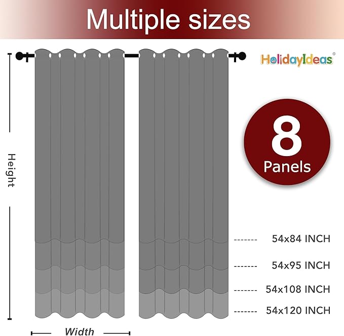 HolidayIdeas Grommet Top Outdoor Curtains for Patio Waterproof 8 Pcs All Weather Balcony Outside Curtain Panels for Apartments, Gazebo, Pergolas, Porch, 54x120 Inch, Grey